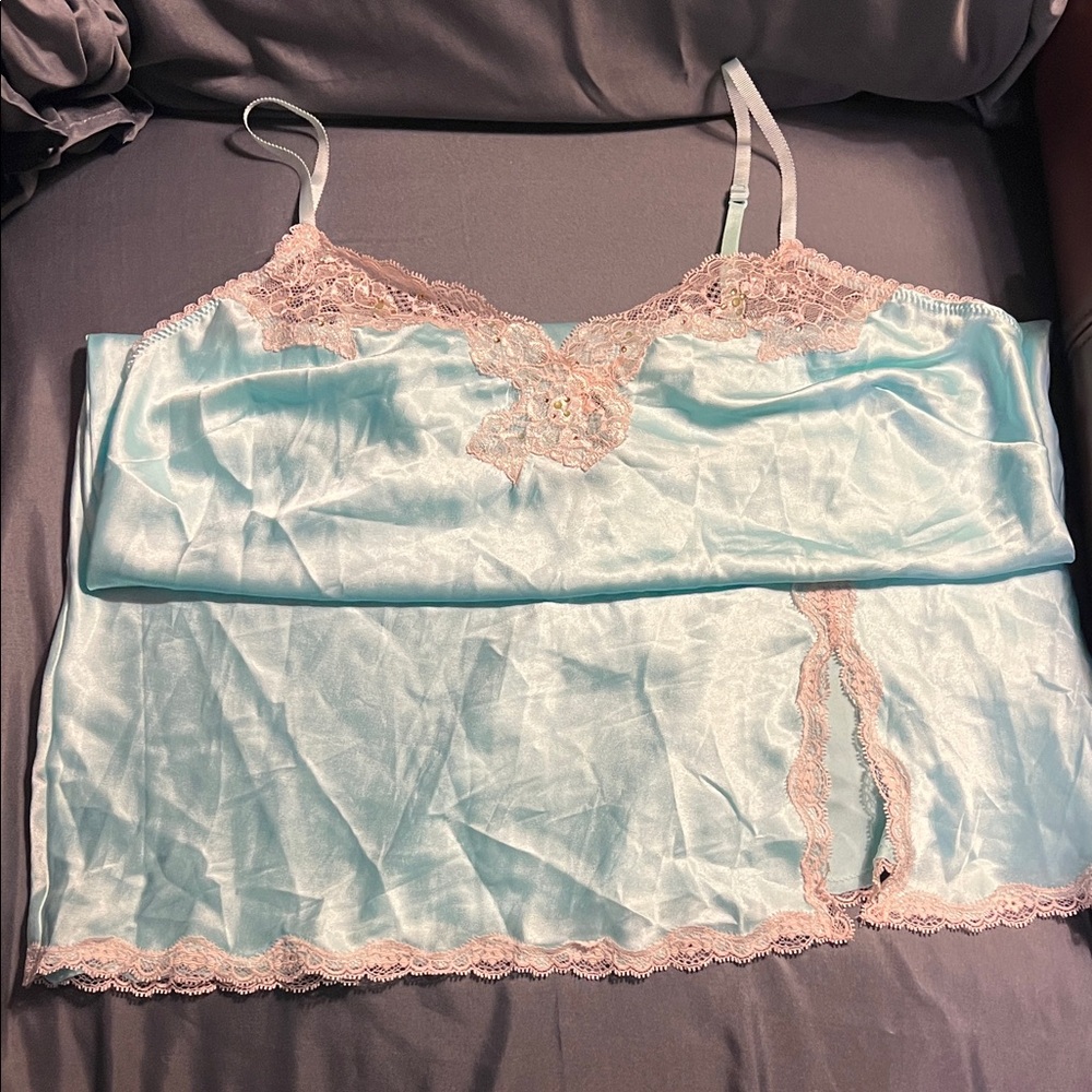 Victoria's Secret Light Blue Satin Chemise with Pink Lace